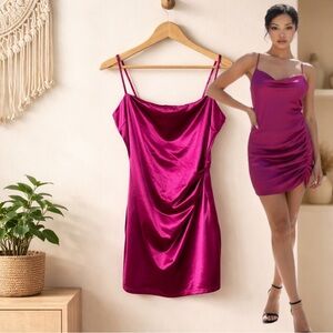 🛍️ LOVELY DAY burgundy Satin pleated spaghetti strap, mini evening dress medium